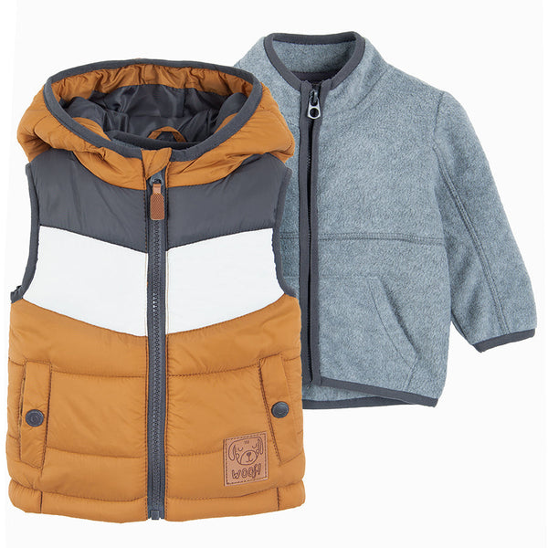 Boy's Set Sleeveless Hooded Jacket Fleece Sweatshirt Zip-Up Grey Brown COB2500264 00